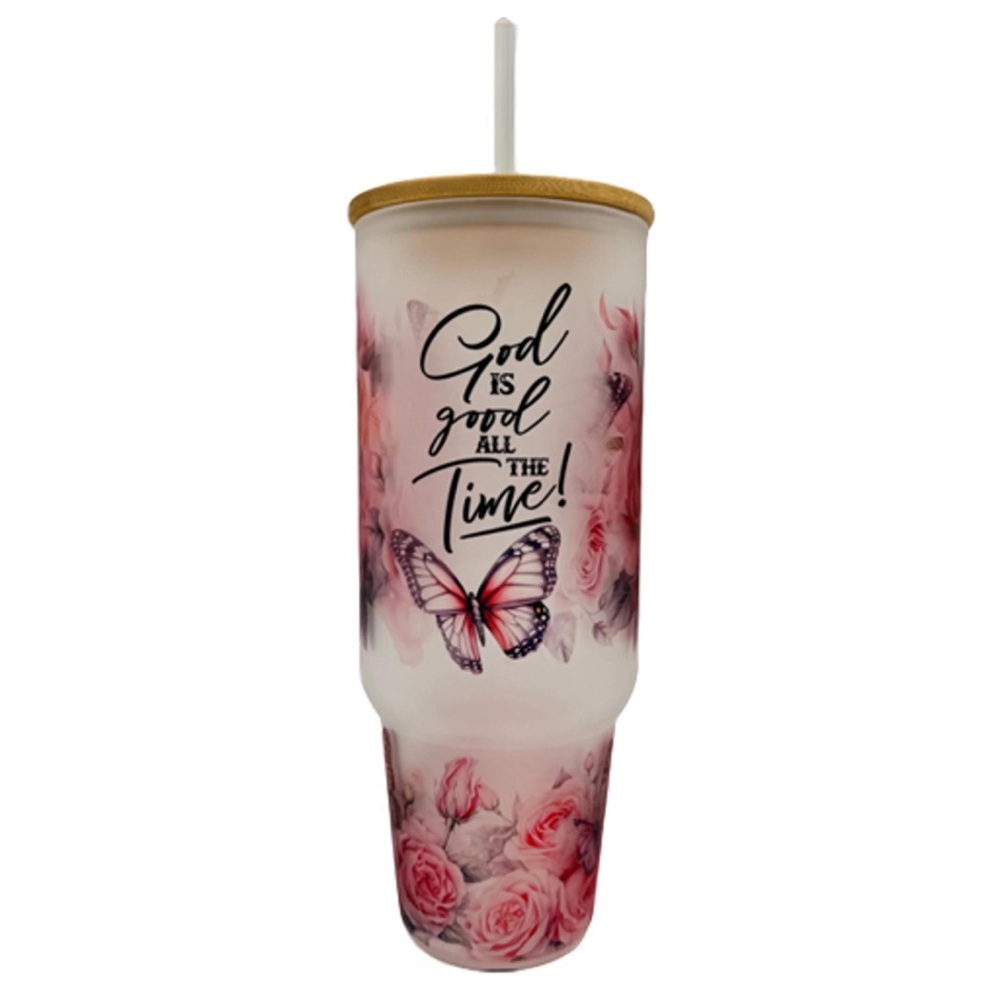 40oz God Is Good All The Time Frost Glass Tumbler with Handle